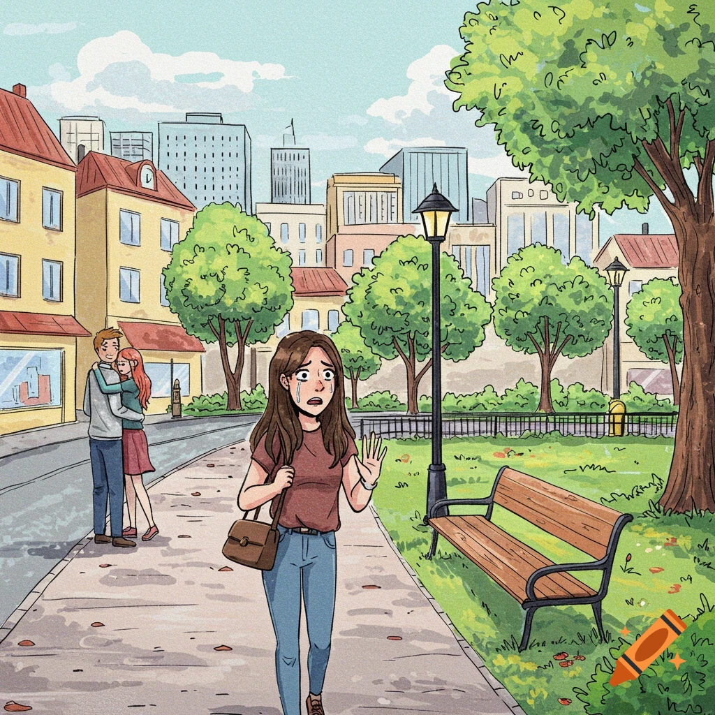 A color drawing illustration of a woman crying while seeing her boyfriend with another girl in a city park.