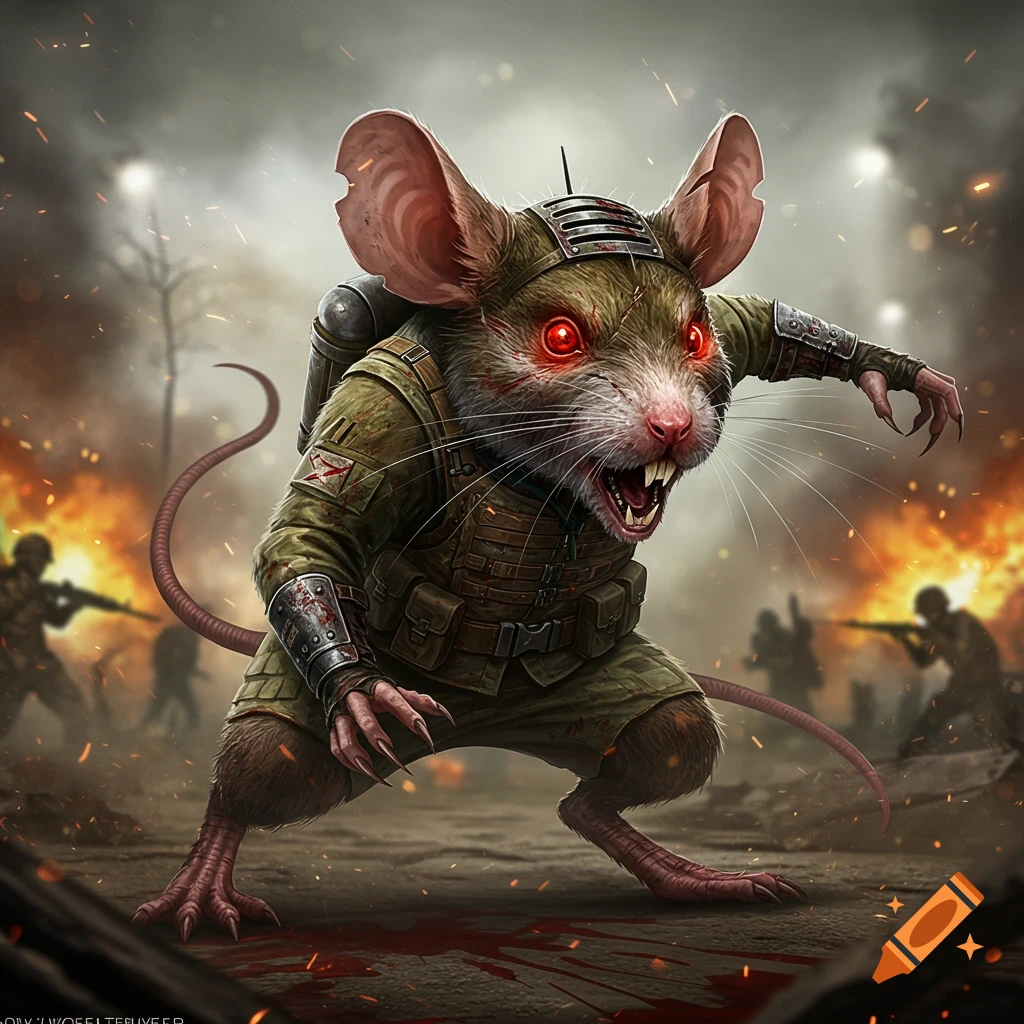 A combat mouse in military gear standing in a battlefield with fire and soldiers in the background.