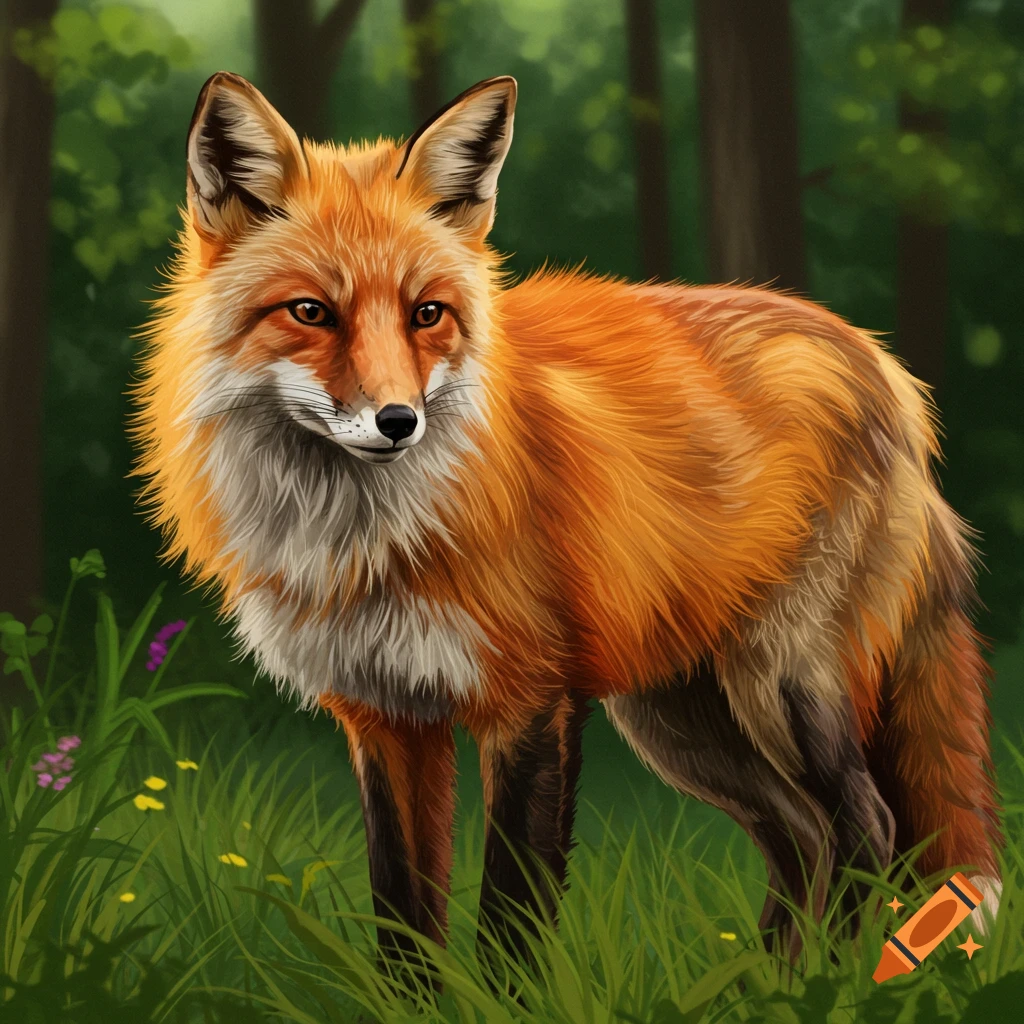 A red fox standing in a forest clearing.