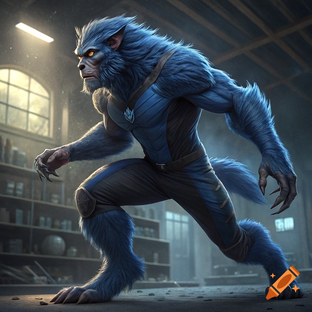Blue furry mutant Beast from X-Men in a workshop.