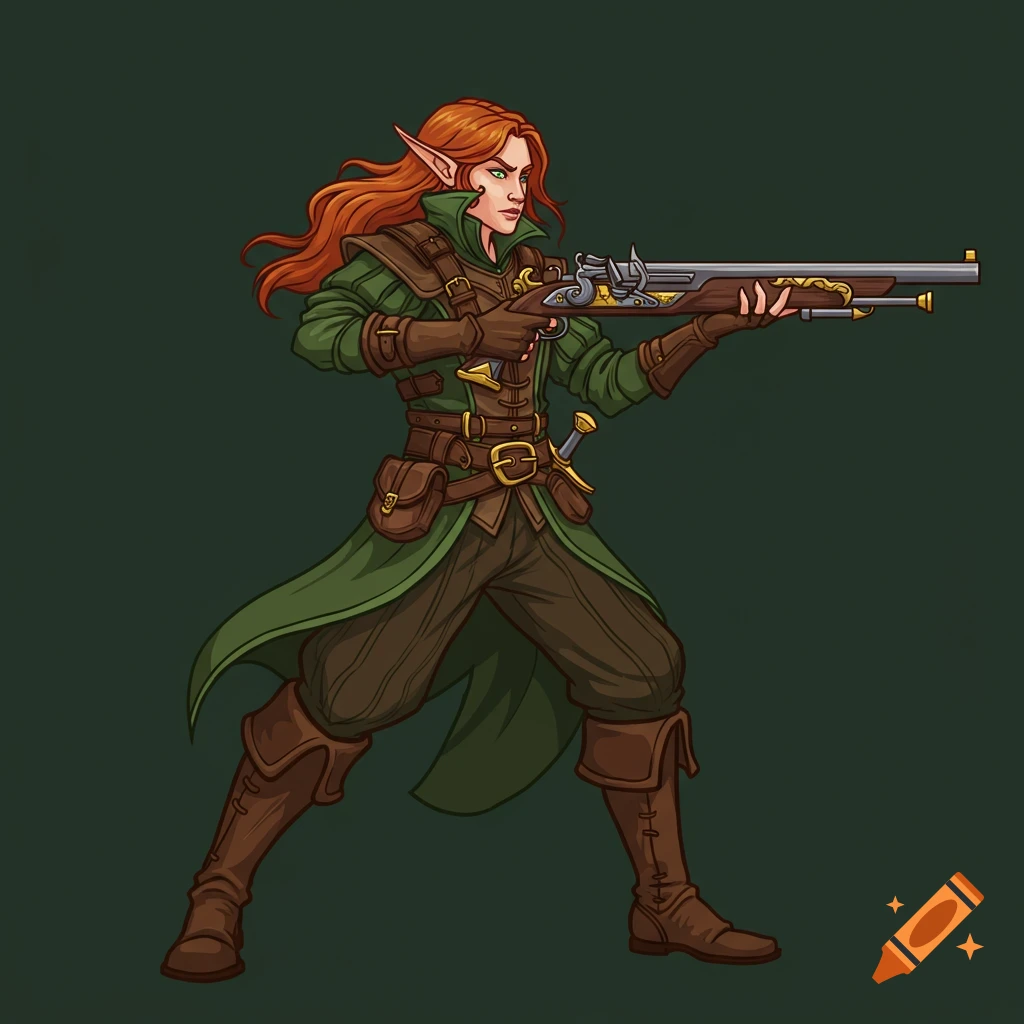 Vector art of a red-haired elf gunslinger aiming a rifle