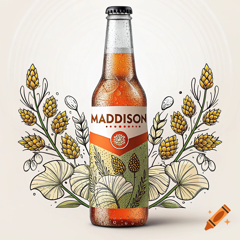 A bottle of Maddison beer with an illustrated botanical label of hops and leaves.