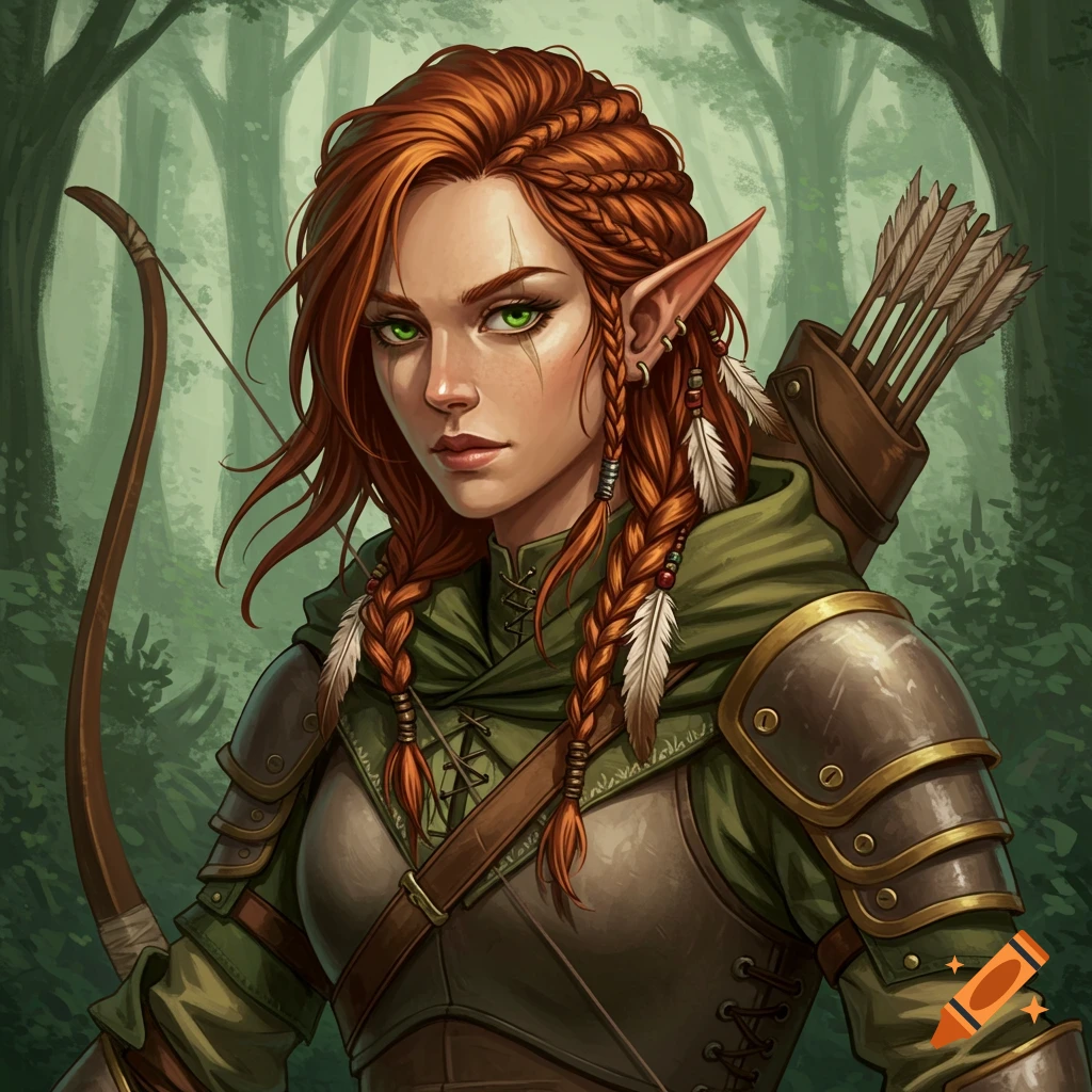 A red-haired female elf archer with a bow in a forest.
