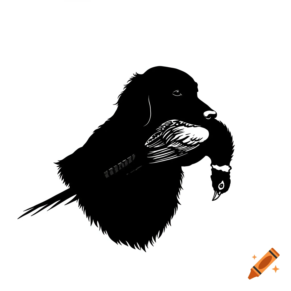 Black and white silhouette of a dog holding a pheasant in its mouth.