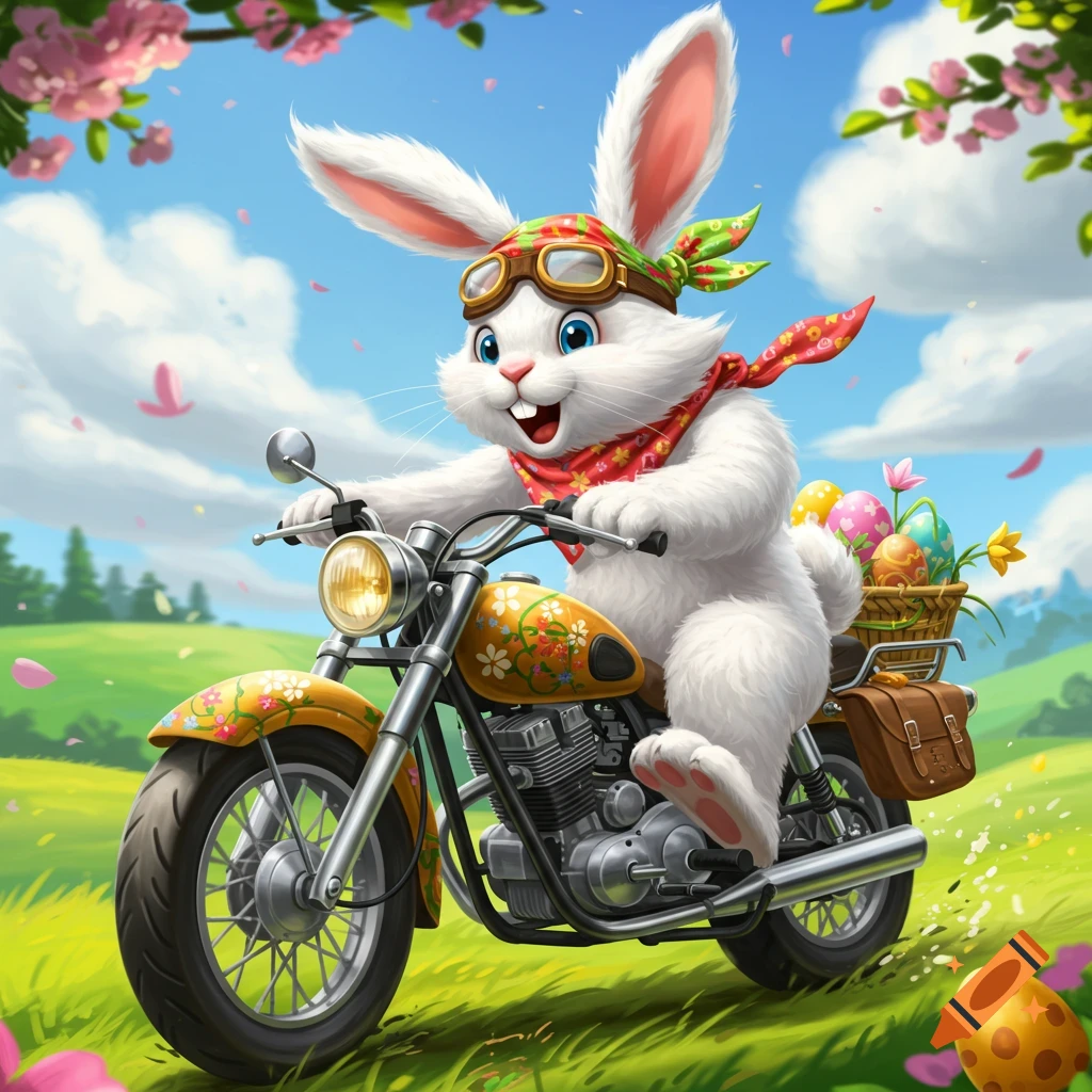 A cartoon Easter bunny wearing goggles and a bandana rides a yellow motorcycle with a basket of Easter eggs through a field.