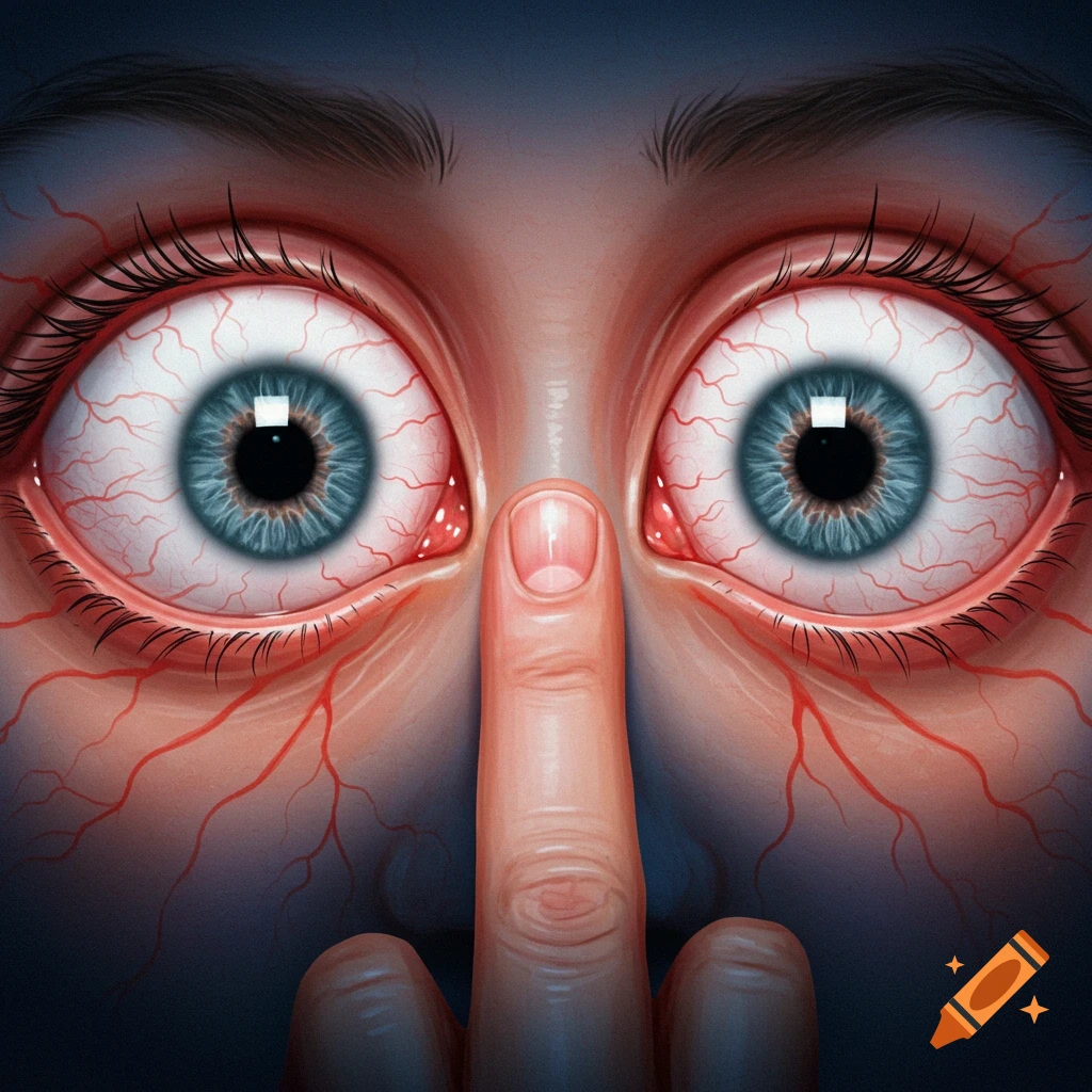 Close-up image of bloodshot eyes with a finger touching between them.