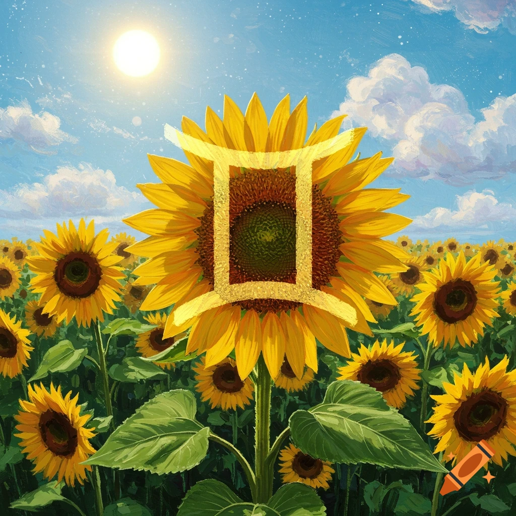 A field of sunflowers with the Gemini zodiac sign superimposed on the large central flower.