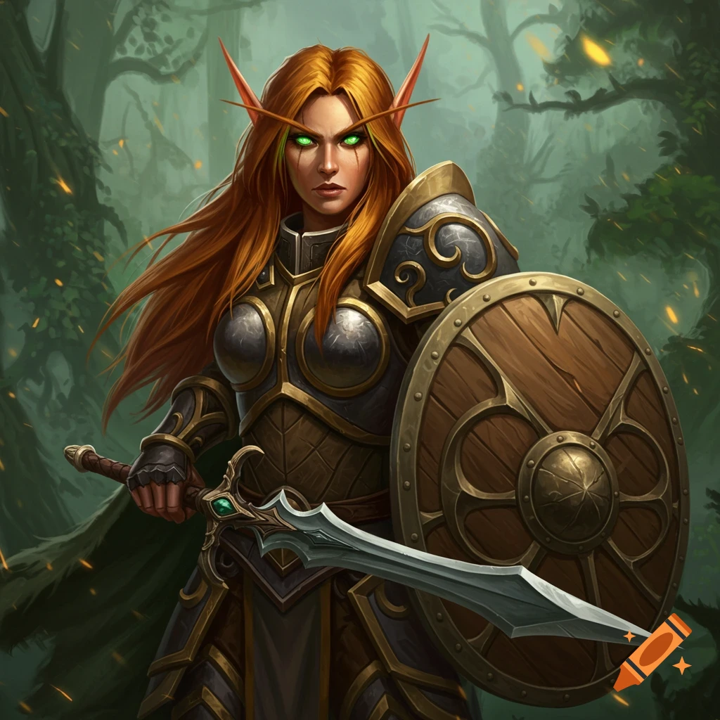 Female ginger elf warrior with green eyes holding a sword and shield in a forest