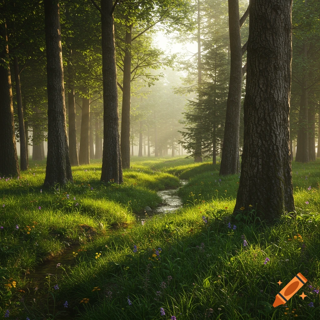 Sunlight streams through tall trees in a lush forest meadow with a small stream