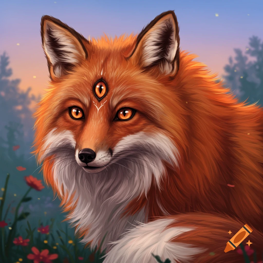A fantasy fox with three eyes sitting in a field of red flowers.