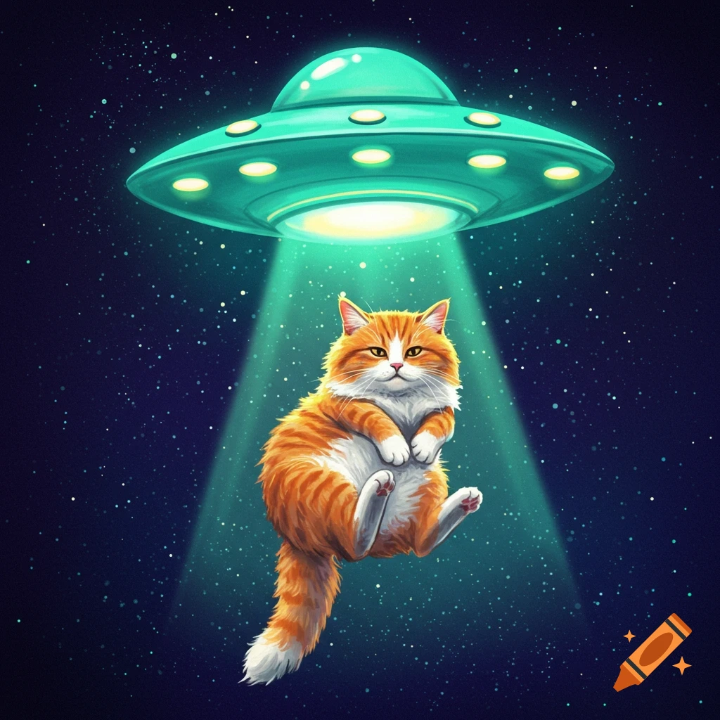 A cat is being beamed up by a UFO in space.