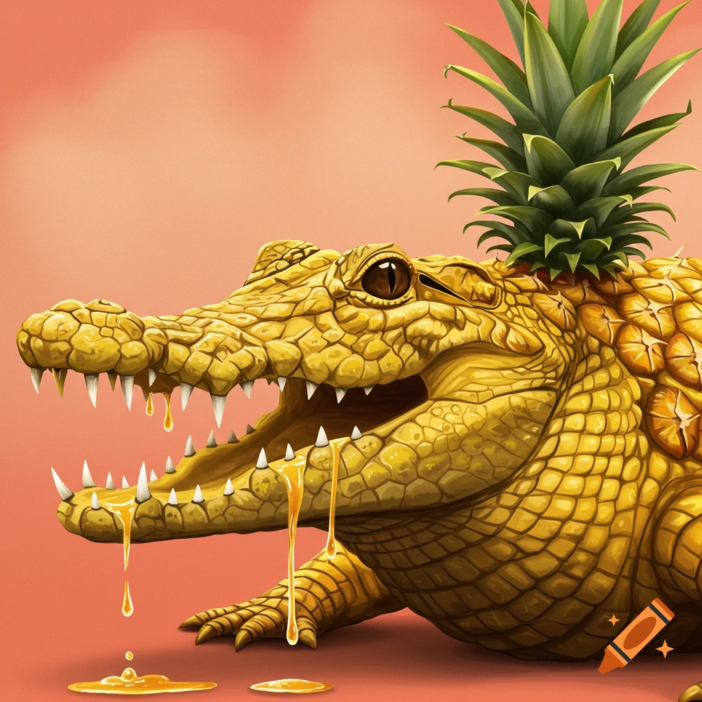 A crocodile with pineapple skin and leaves, dripping yellow liquid.