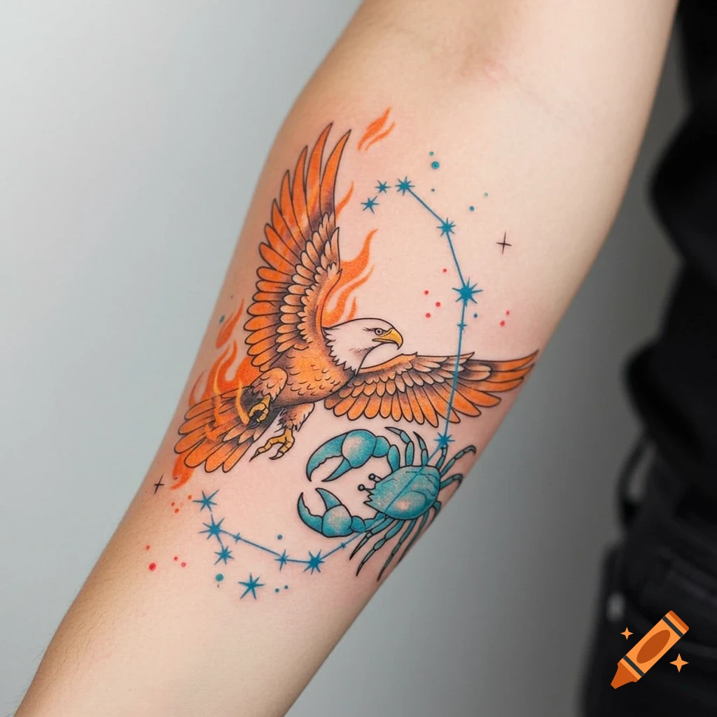 A colorful tattoo on an arm depicting an eagle, a crab, and star constellations.