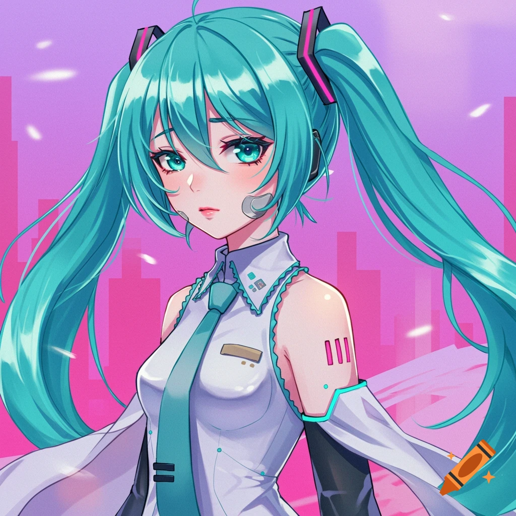Anime portrait of a girl with long teal pigtails and eyes, wearing a white shirt and tie, against a pink cityscape.