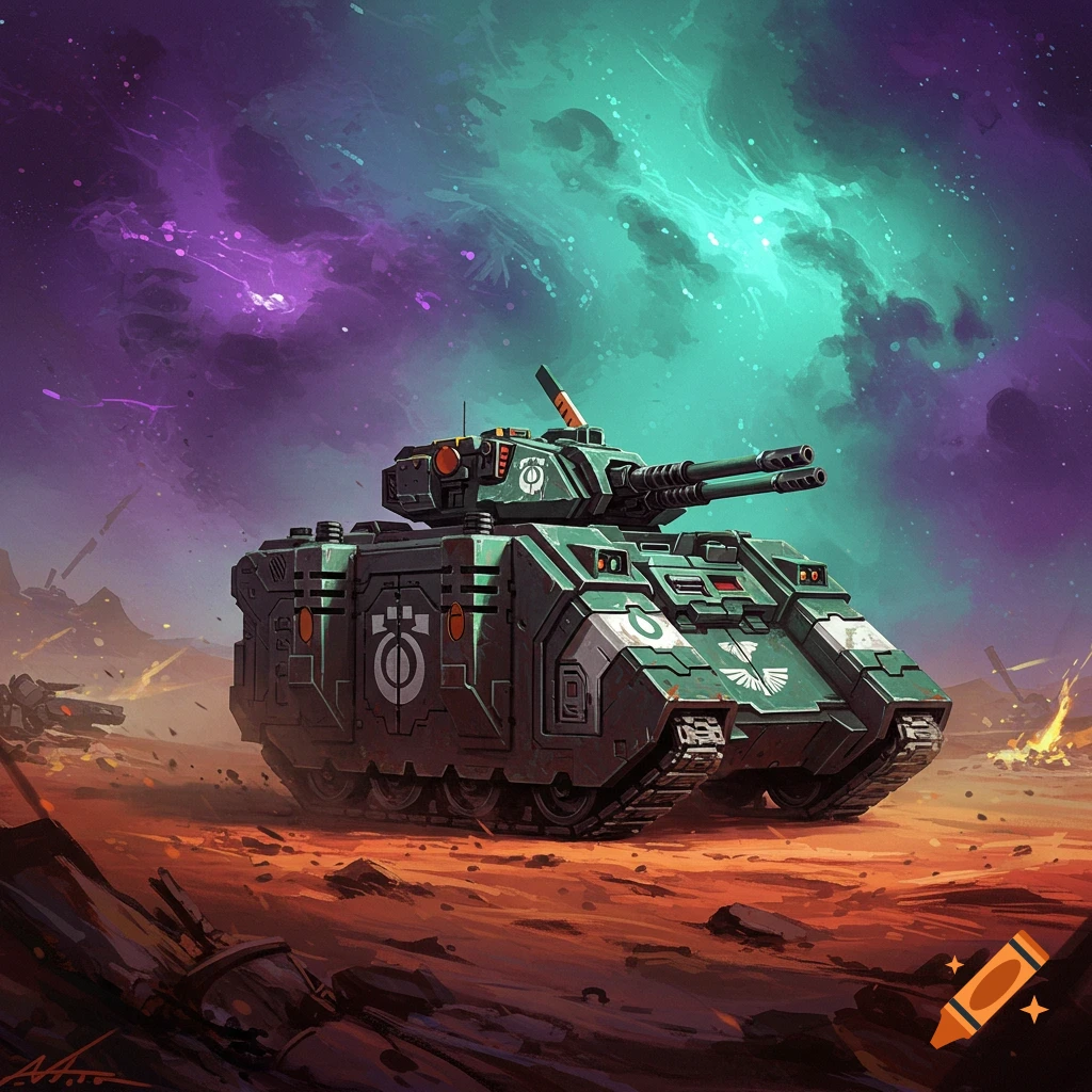 A green sci-fi tank sits on a red rocky landscape under a swirling purple and teal nebula sky.