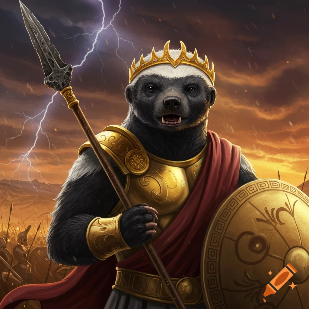A honey badger depicted as a Greek god of war in armor with spear and shield under a lightning storm.
