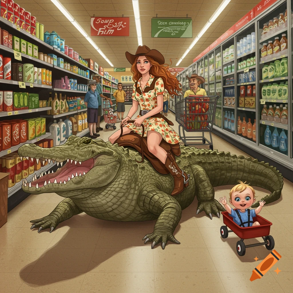A woman rides a large alligator through a grocery store aisle, followed by a baby in a wagon. Cartoon style.