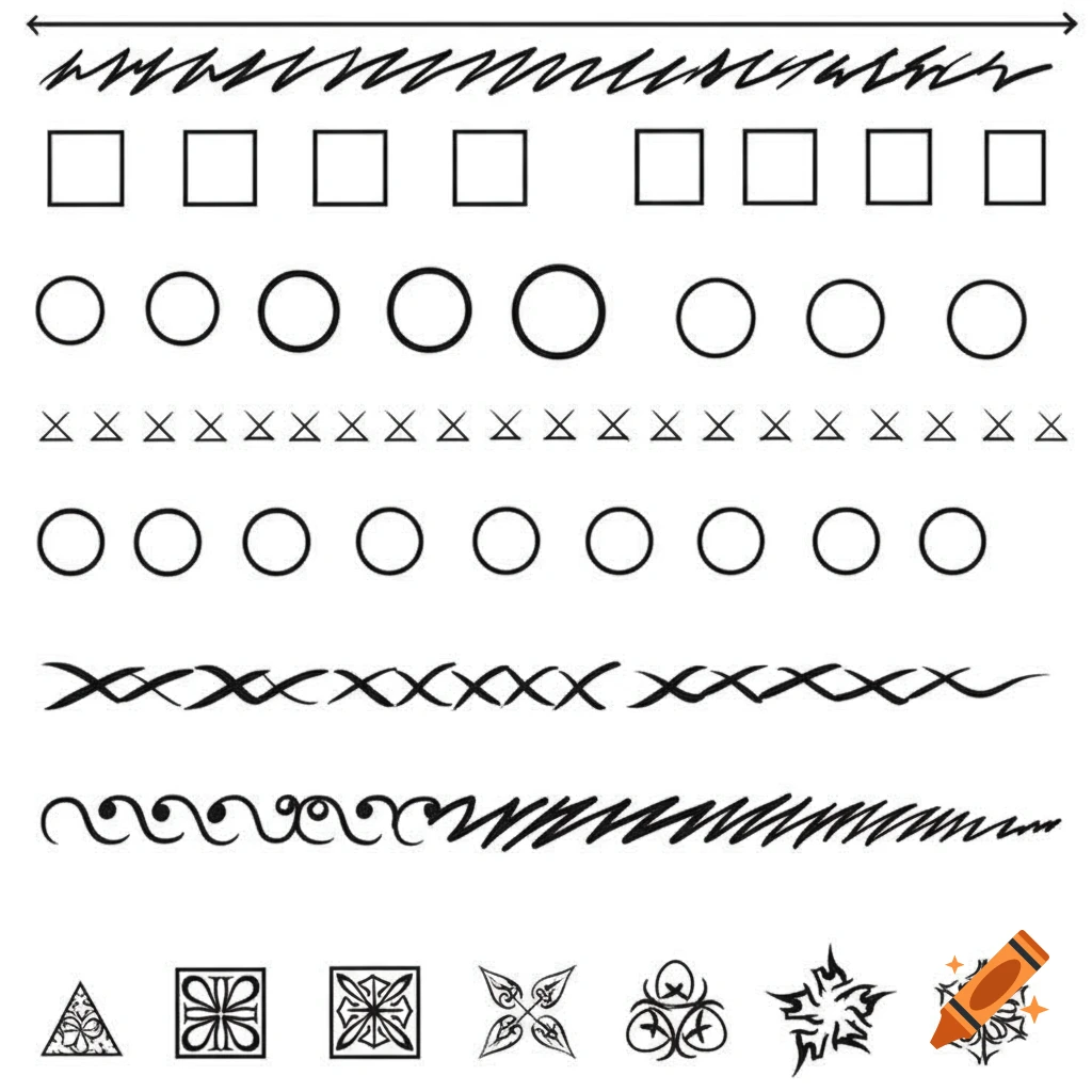 Rows of black squares, circles, crosses, lines, and abstract shapes on a white background.