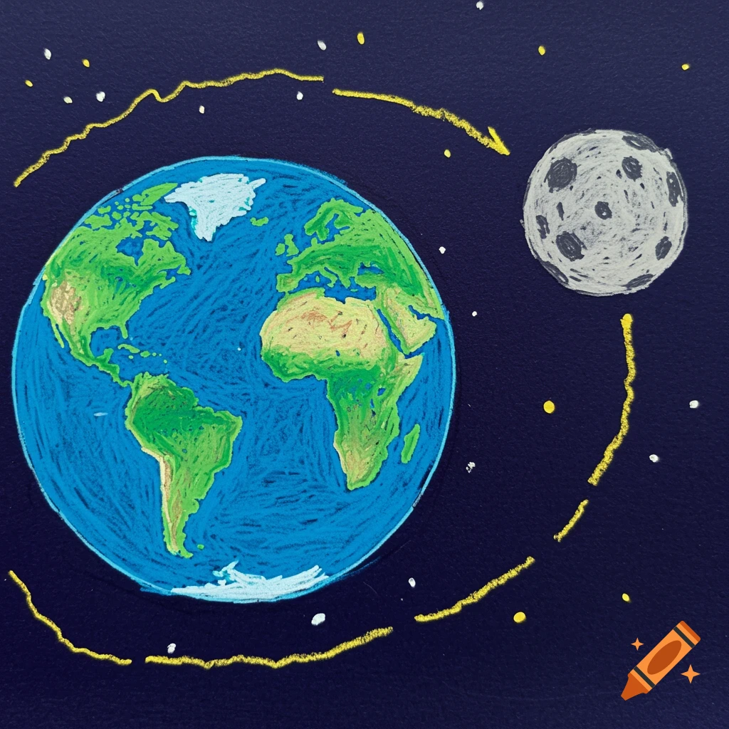 Childlike crayon drawing of Earth and the moon orbiting in space.