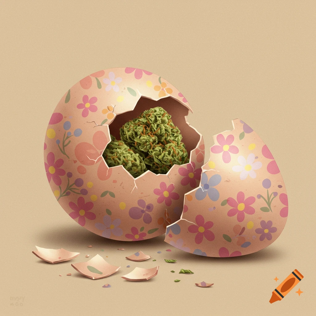 Cracked Easter egg filled with marijuana buds.