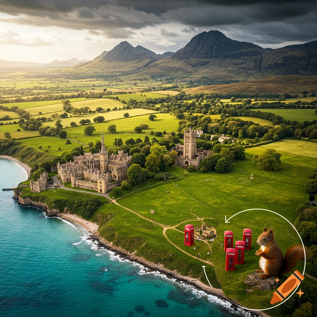 Photorealistic aerial view of a large castle on a green coast by the sea, with mountains in the background and a squirrel near red phone boxes.