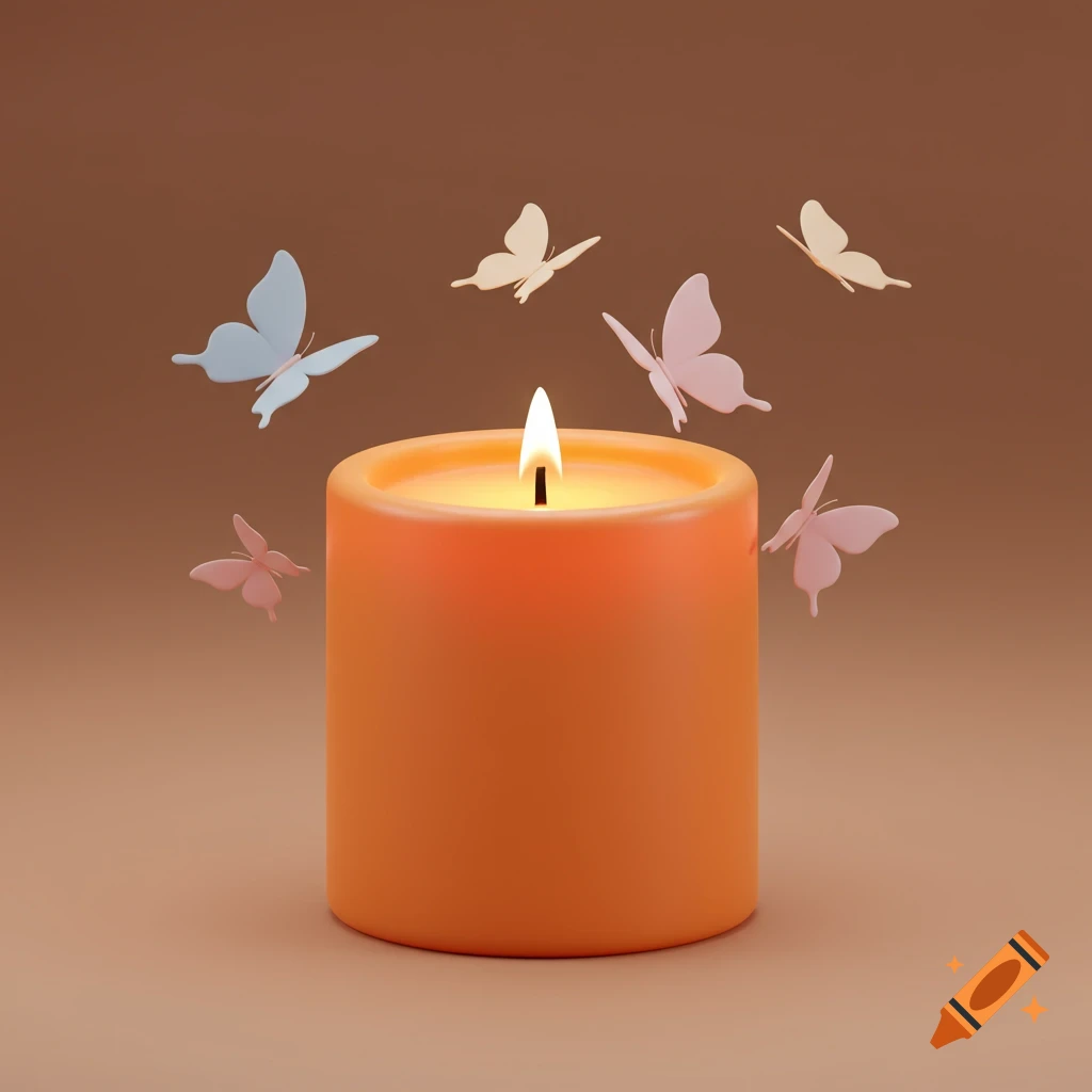 Minimalist 3D render of an orange candle with pastel butterflies