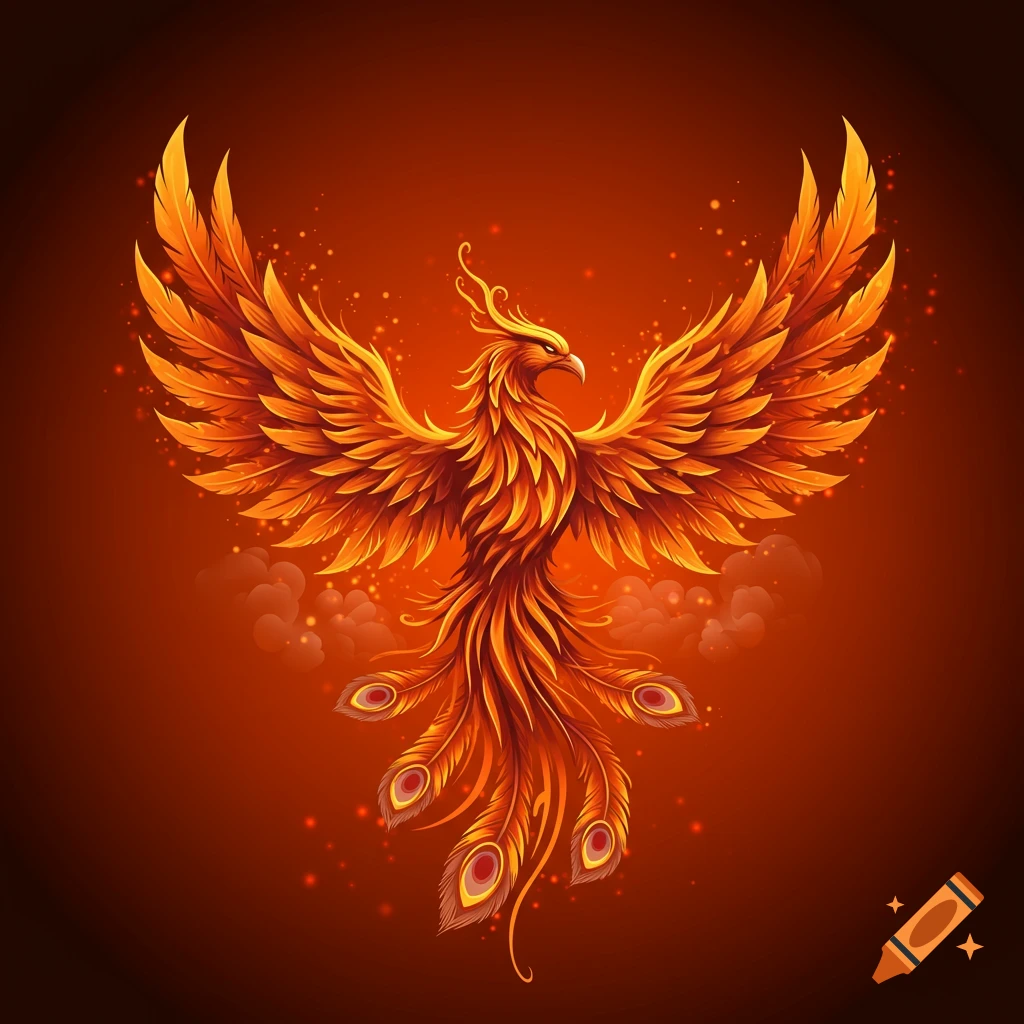 A vibrant orange phoenix with spread wings against a red background, stylized illustration.