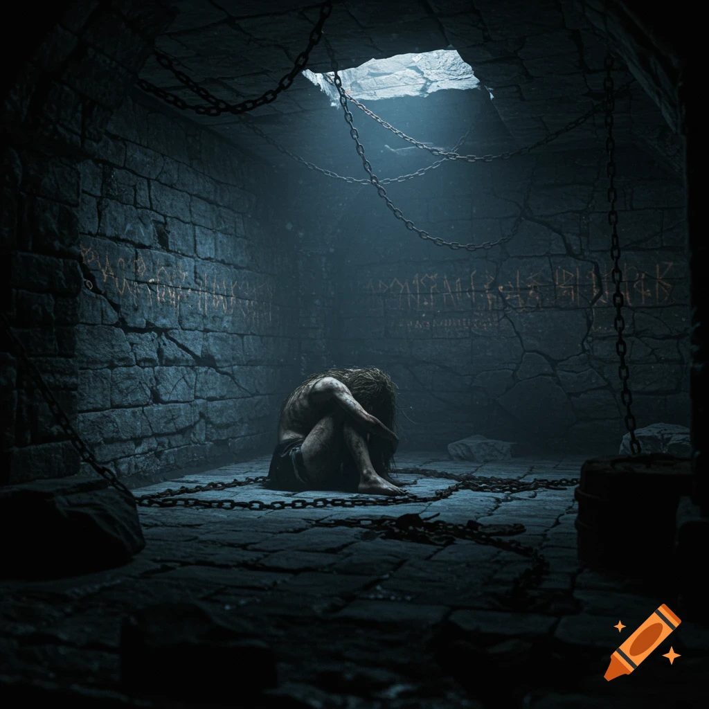 A figure is curled up and chained in a dark, ancient stone chamber with faint runes on the walls and light from above.