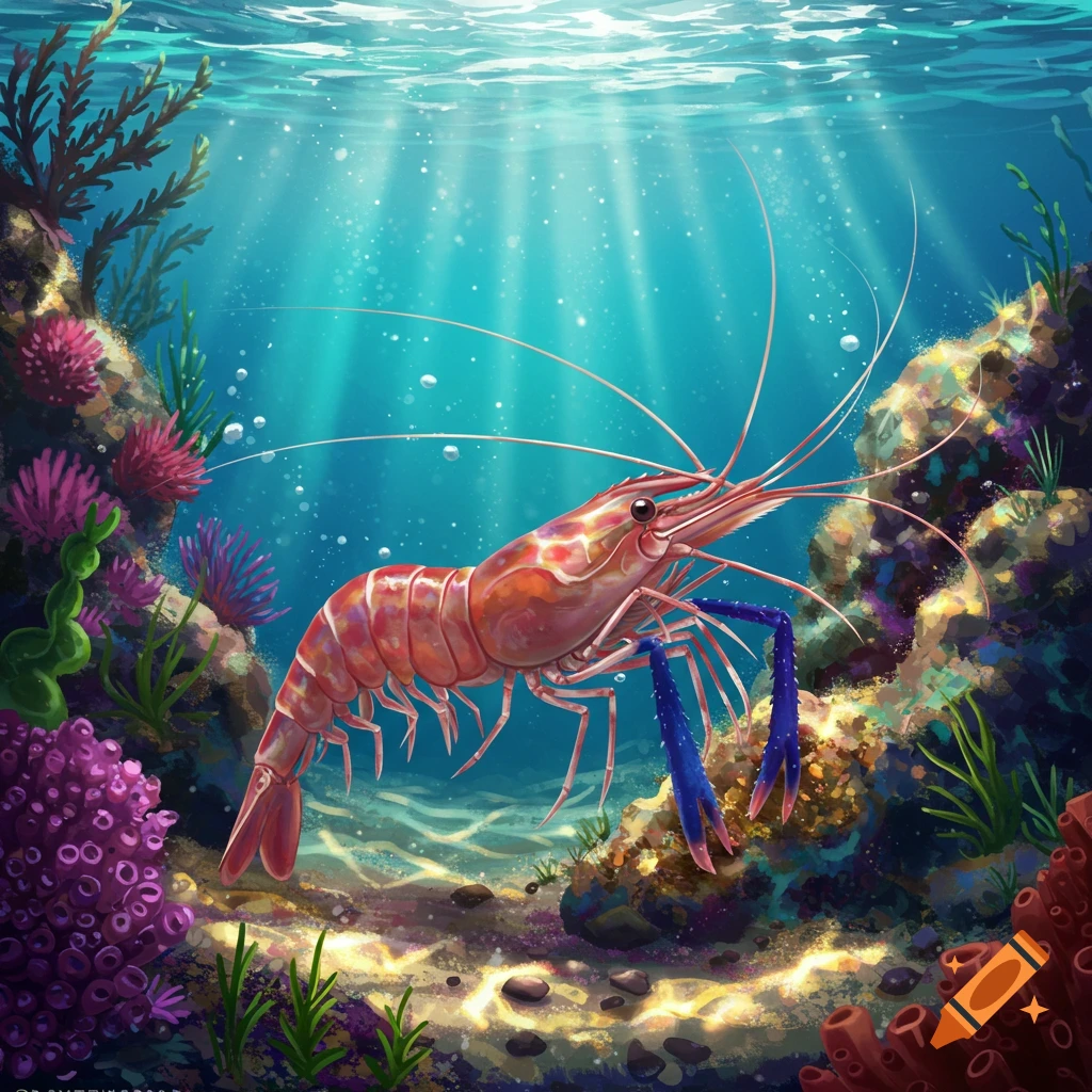 A shrimp swimming underwater among coral and plants.