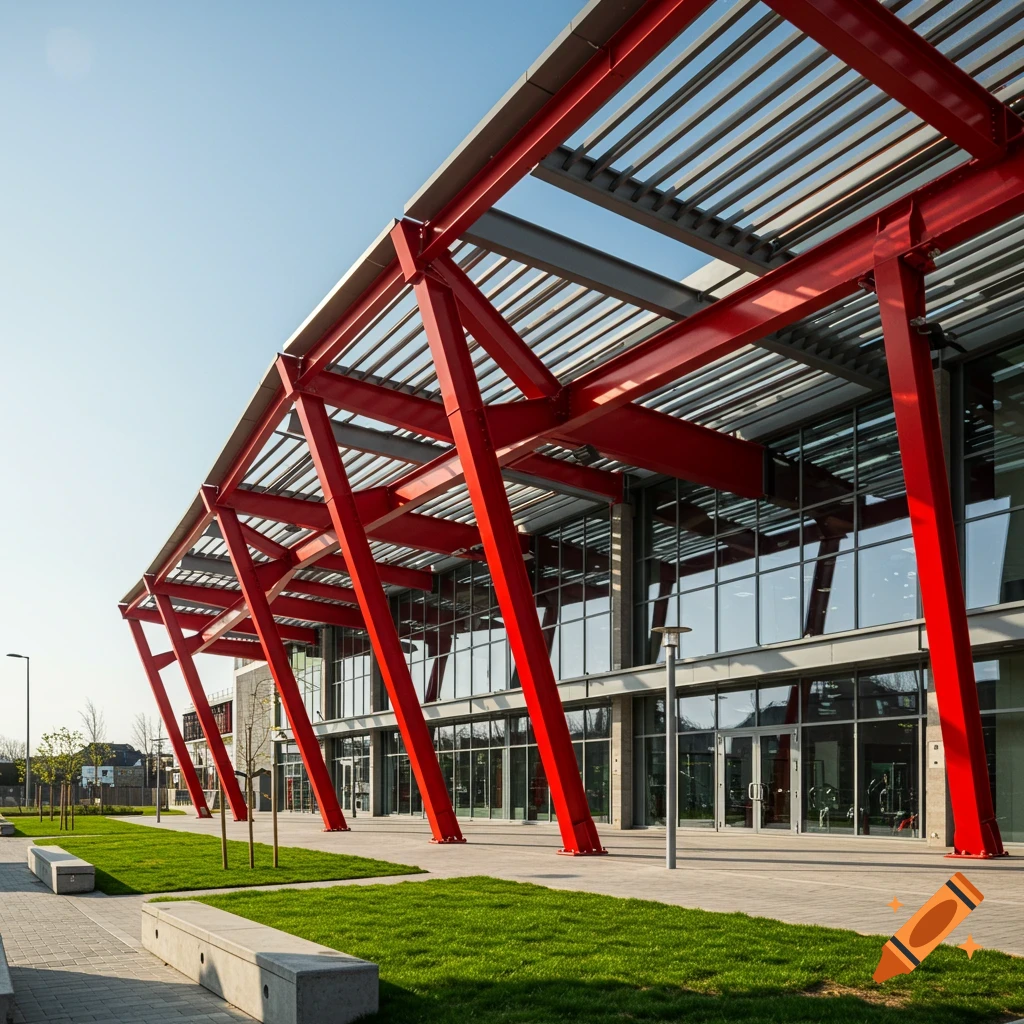 Photorealistic image of a modern building with large windows and bright red exterior supports.