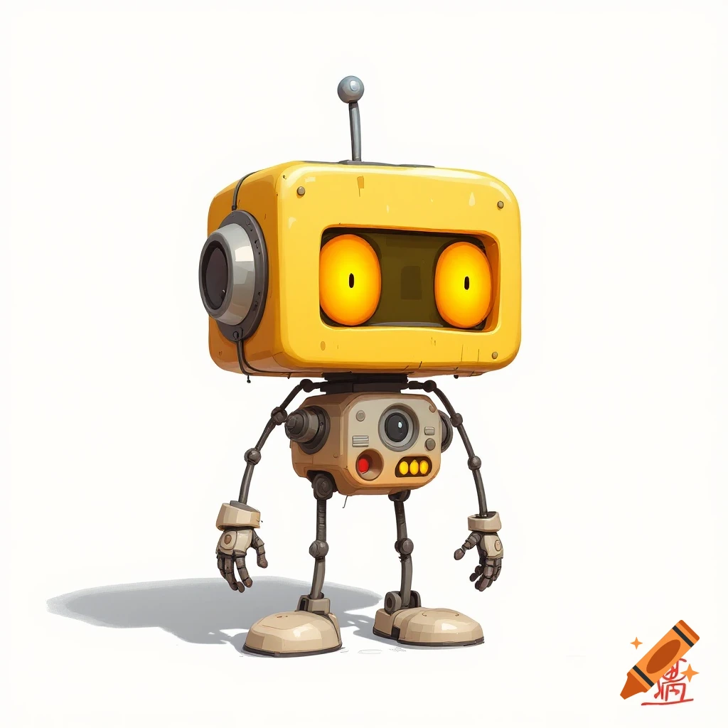 A cute yellow and tan robot with large orange eyes standing on a white background.