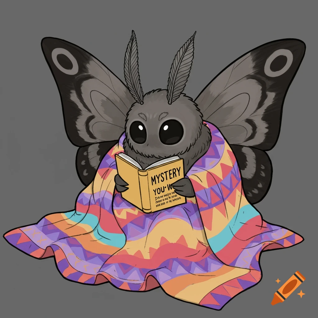 Cute Mothman in a blanket reading a book, bold line art coloring book style.