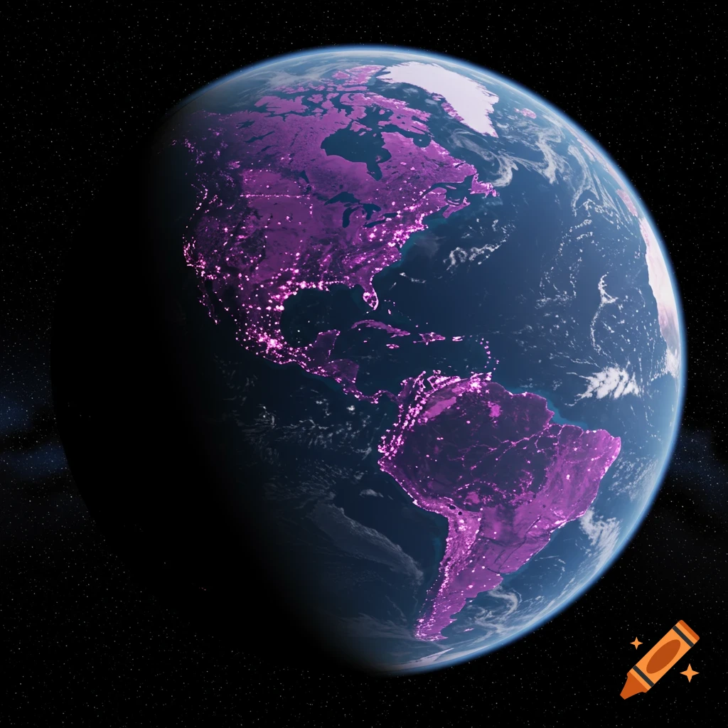 Planet seen from space with purple lights on continents and stars.