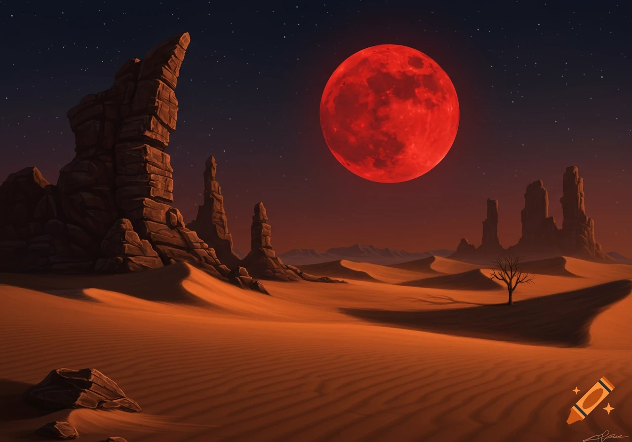 A desert landscape under a red blood moon and starry sky, with rock formations and dunes.