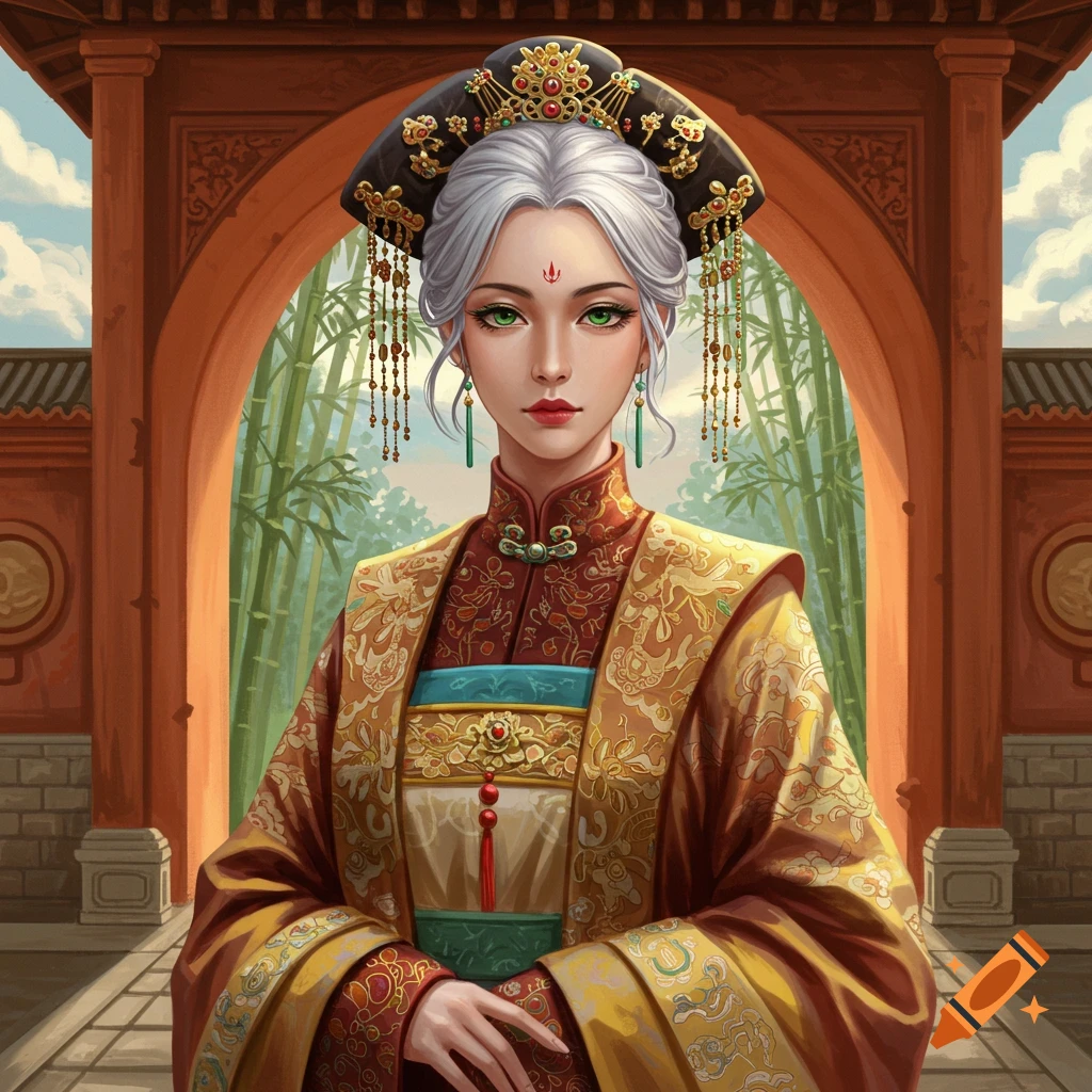 A woman in traditional Chinese clothing stands in front of a temple archway