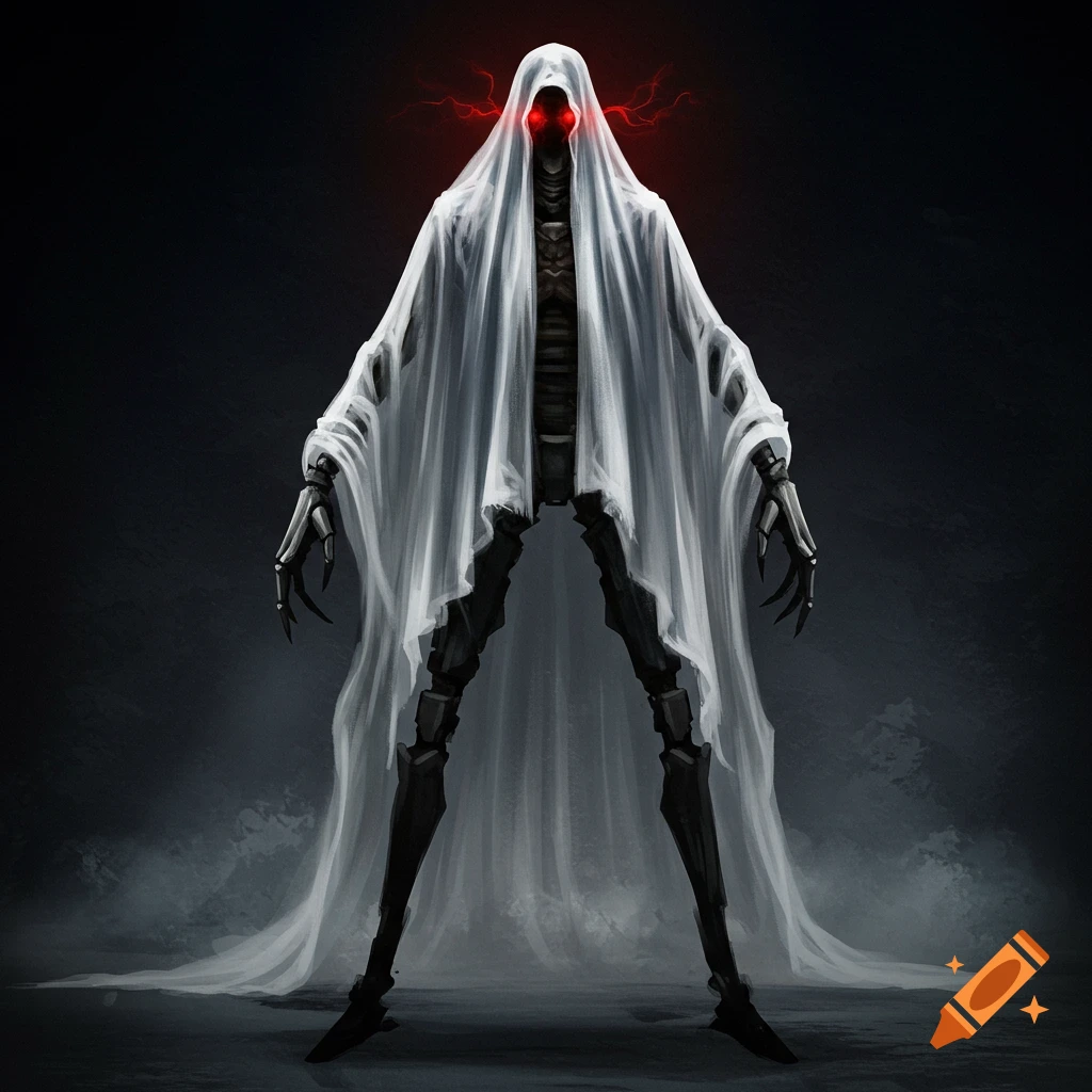 A tall, gaunt robot draped in a flowing white sheet, with glowing red eyes and sharp clawed hands, stands in a dark environment.