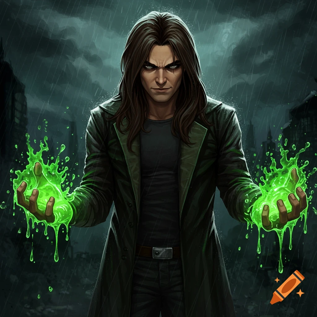 A man with long dark hair, wearing a coat, holding hands creating glowing green energy/acid in a stormy setting.