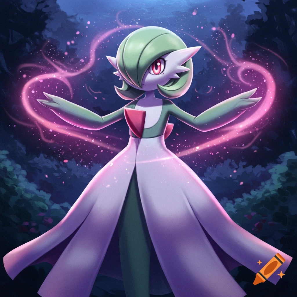 Gardevoir casting a glowing pink spell in a dark forest.