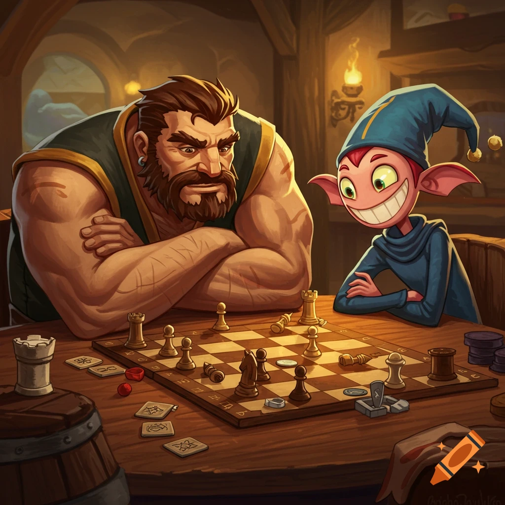 Two stylized fantasy characters playing chess at a table in a room.