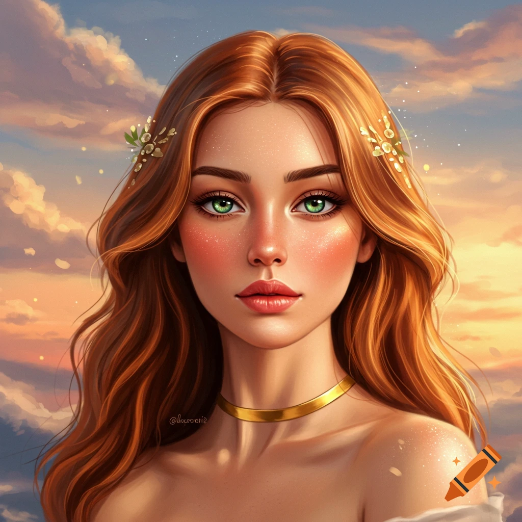 A red-haired woman with green eyes is depicted against a vibrant sunset sky.