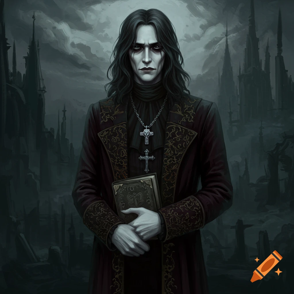 A gothic man in dark clothing holding a book in a ruined city.