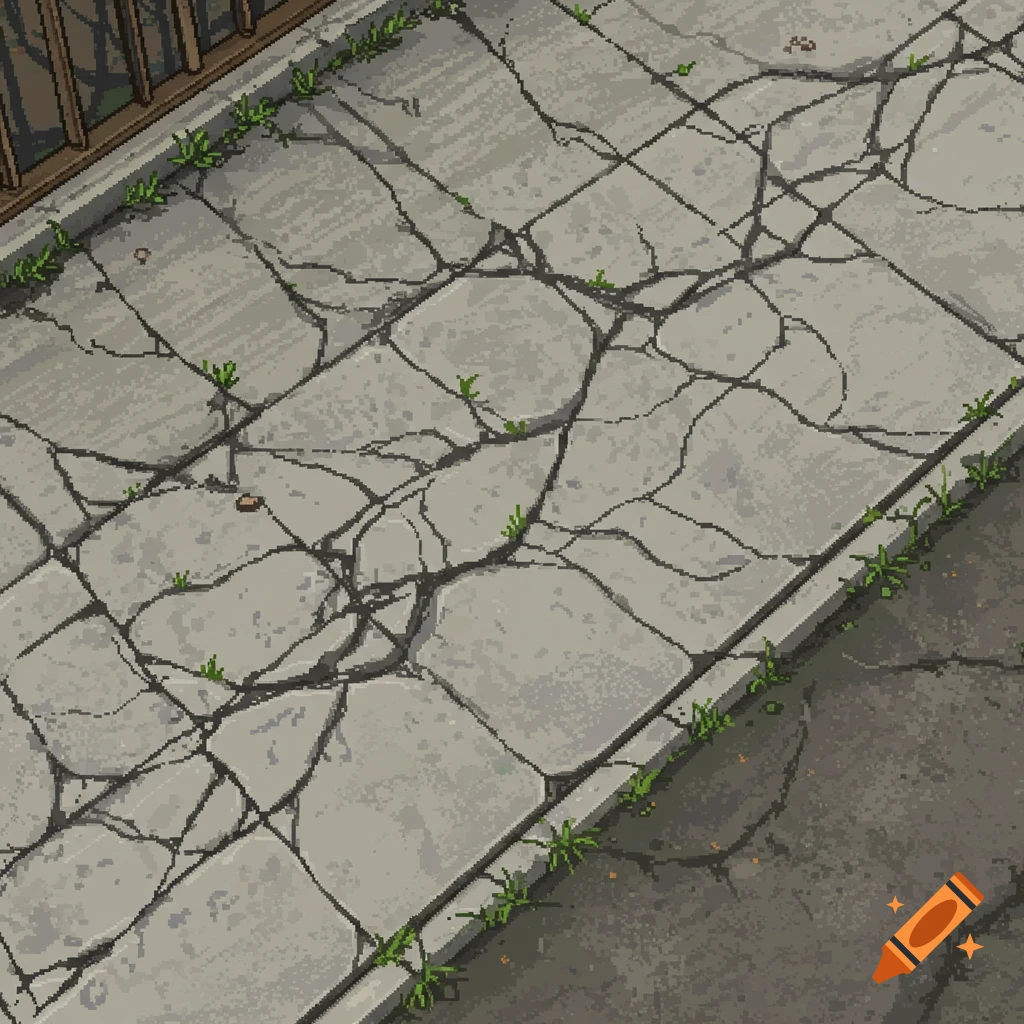 A top-down view of a cracked concrete sidewalk with weeds growing in the cracks, in a smooth pixel art style.