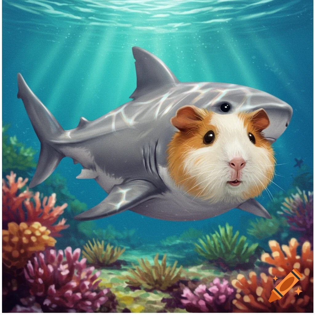 A guinea pig fused with a shark is swimming underwater near coral.