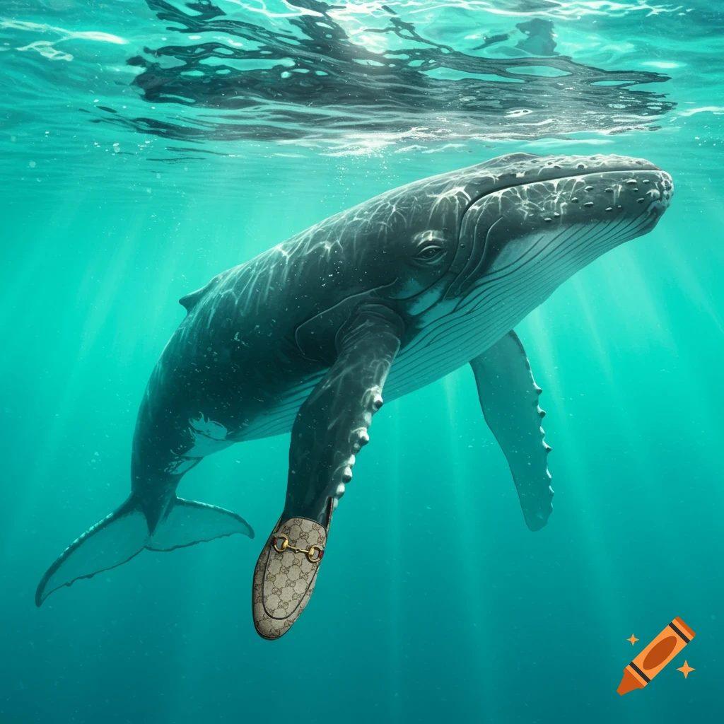 A humpback whale swimming underwater with a Gucci loafer on its fin.