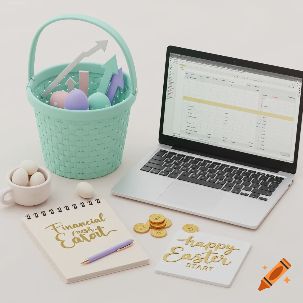 Clean 3D render of an Easter-themed workspace with a laptop, notebook, basket, eggs, and coins.
