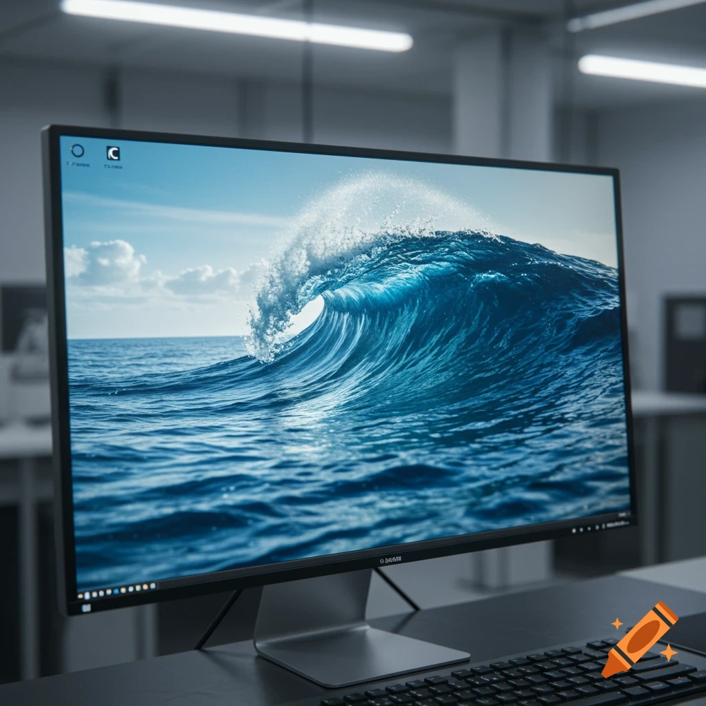 A computer monitor displaying a realistic wallpaper of a large blue ocean wave curling towards the shore.