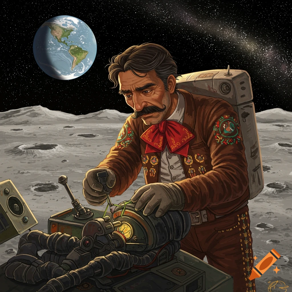A man in a charro suit works on equipment on the moon, with Earth in the background.