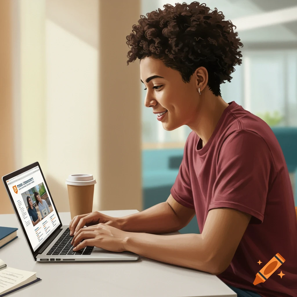 A person is smiling while typing on a laptop with a coffee cup beside them.