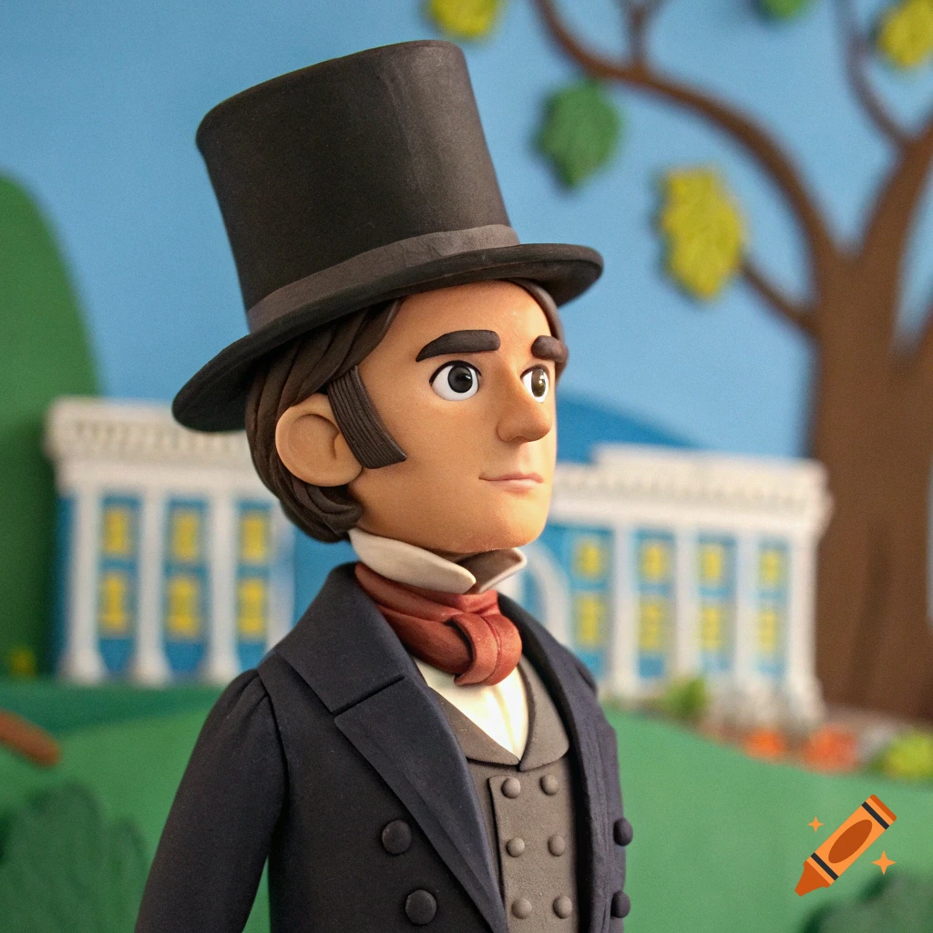 A claymation figure of a man in a top hat and suit stands in front of a building.