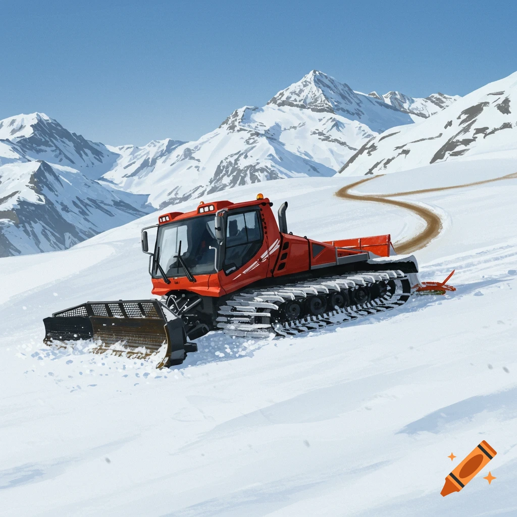 A red snow groomer on a snowy mountain slope
